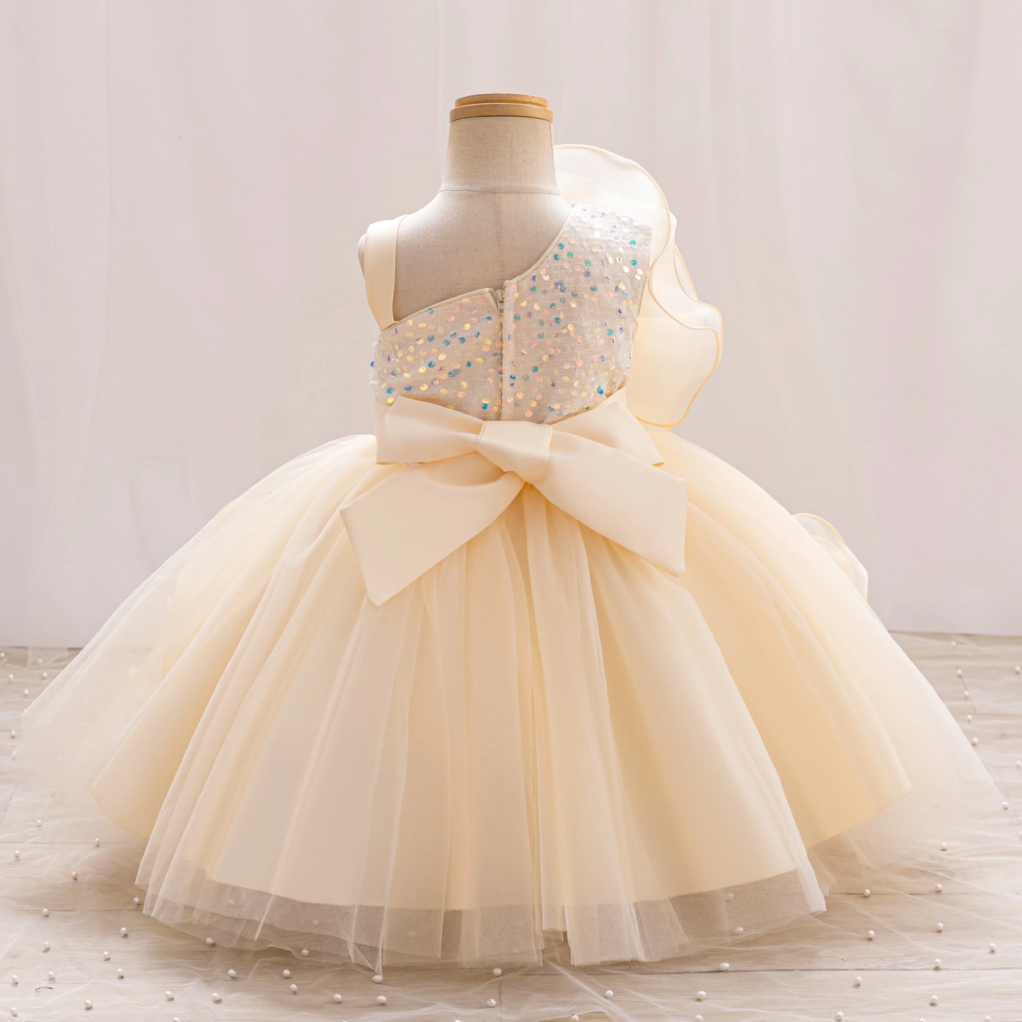 Baby Cream Flower Decor Sequin Frock
