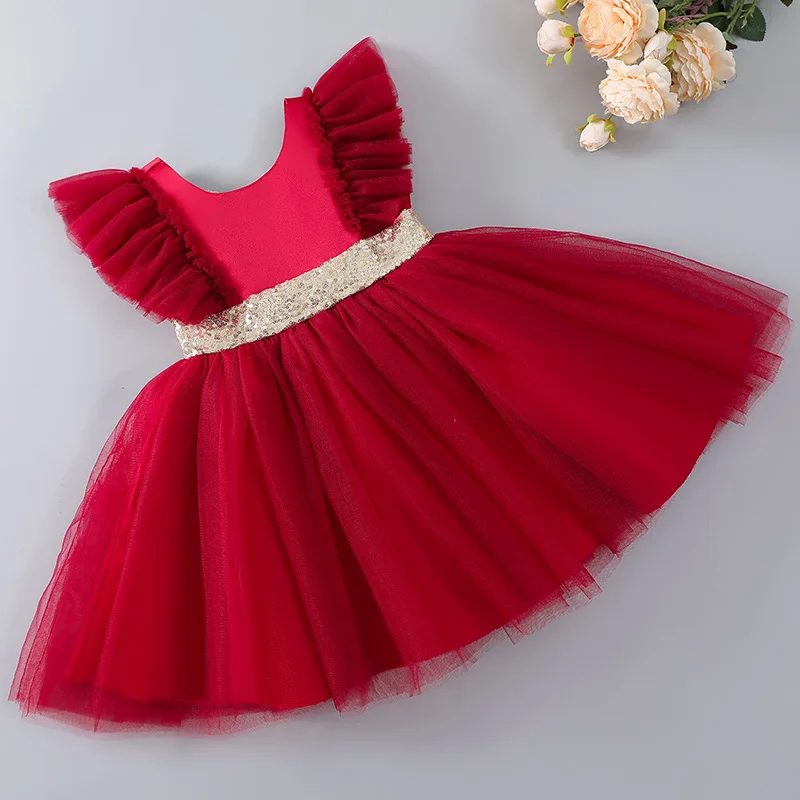 Baby Red Frock With Golden Sequin Belt