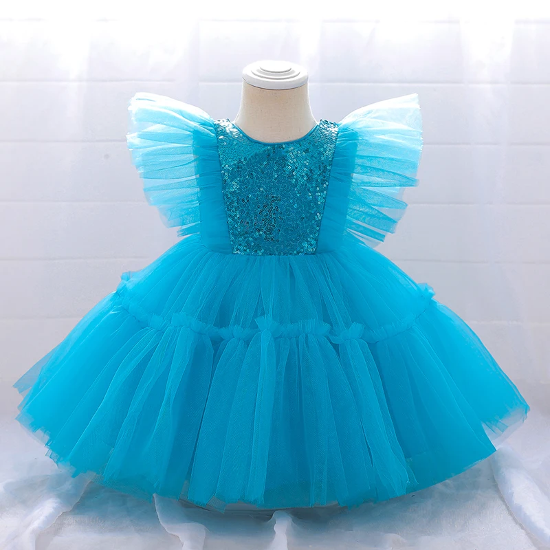 Baby Blue Sequin & Net Side Frills Frock