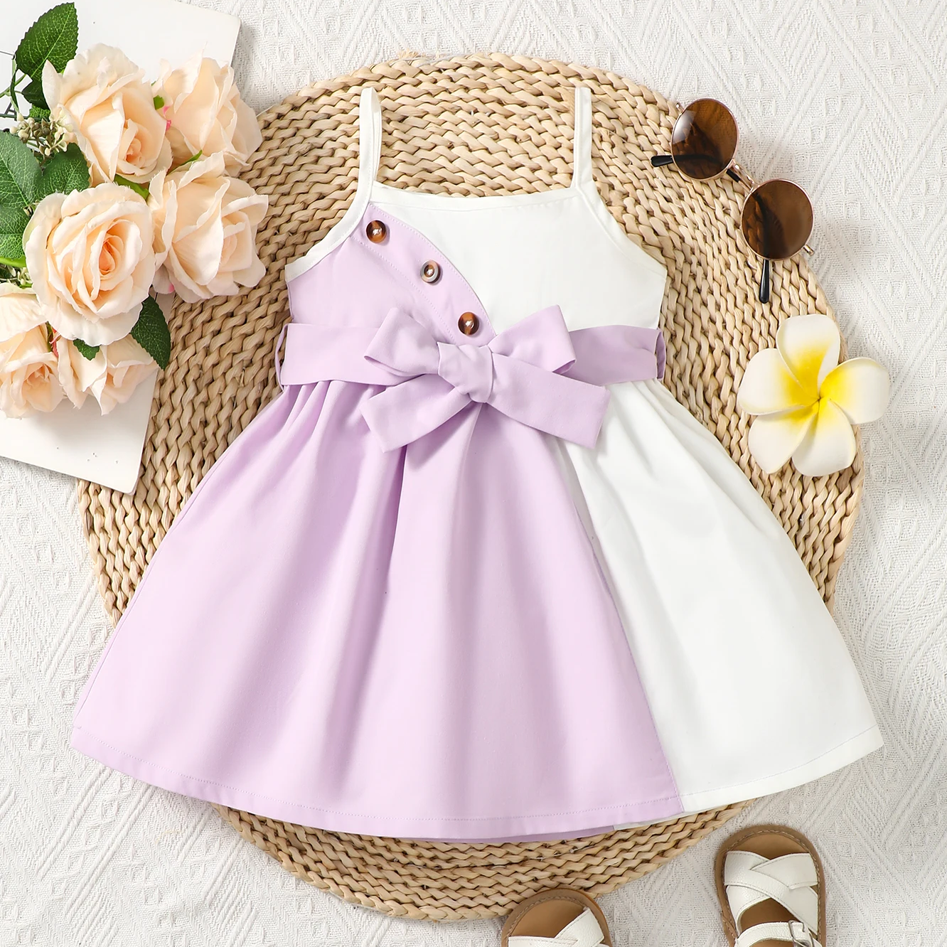 Baby Purple & White Contrasted Straps Frock