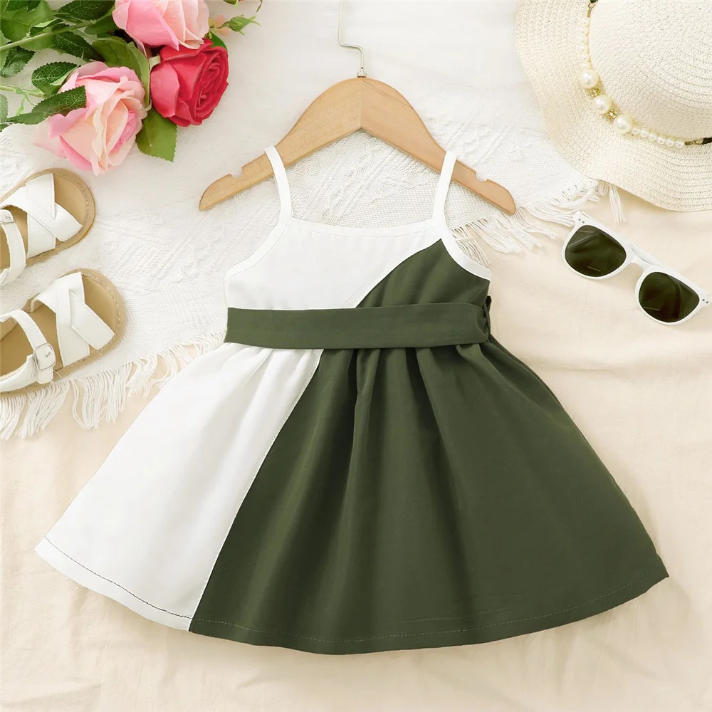 Baby Green & White Contrasted Straps Frock