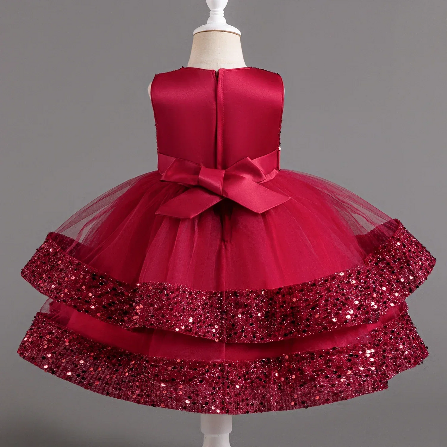 Baby Red Pearls Tie Sequin & Net Frock