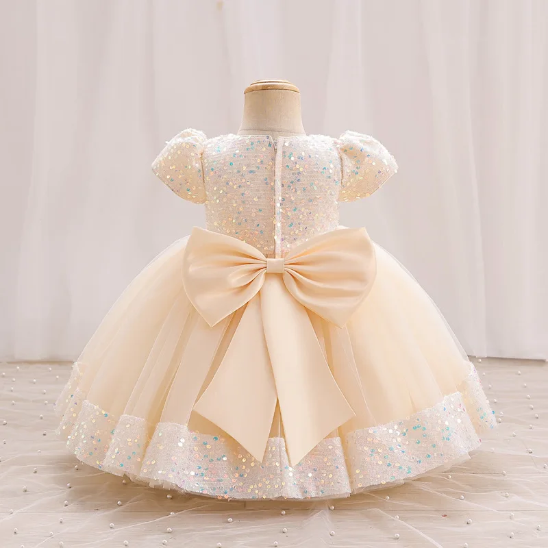 Baby Beige Sequin Back Bow Frock