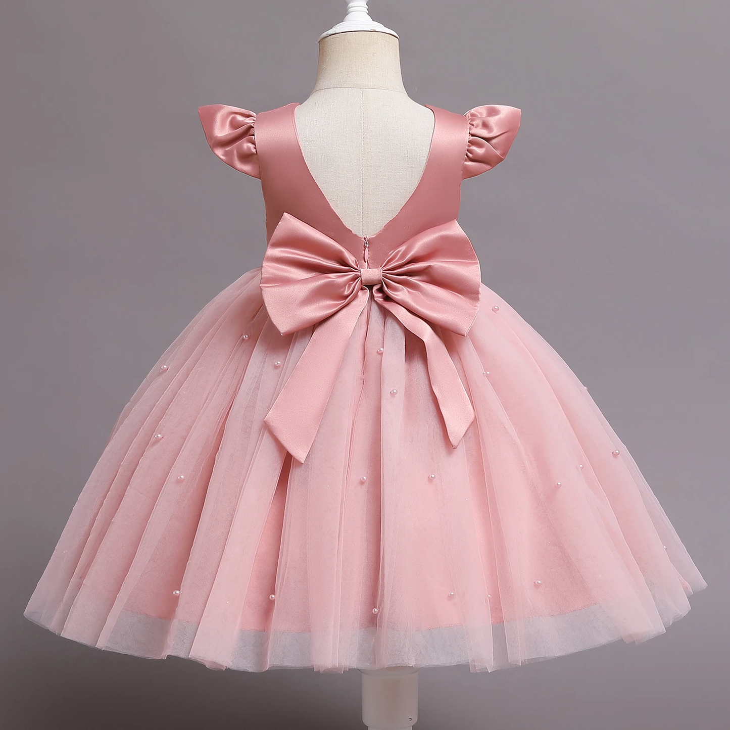 Baby Pink Puffy Sleeves Pearls Frock