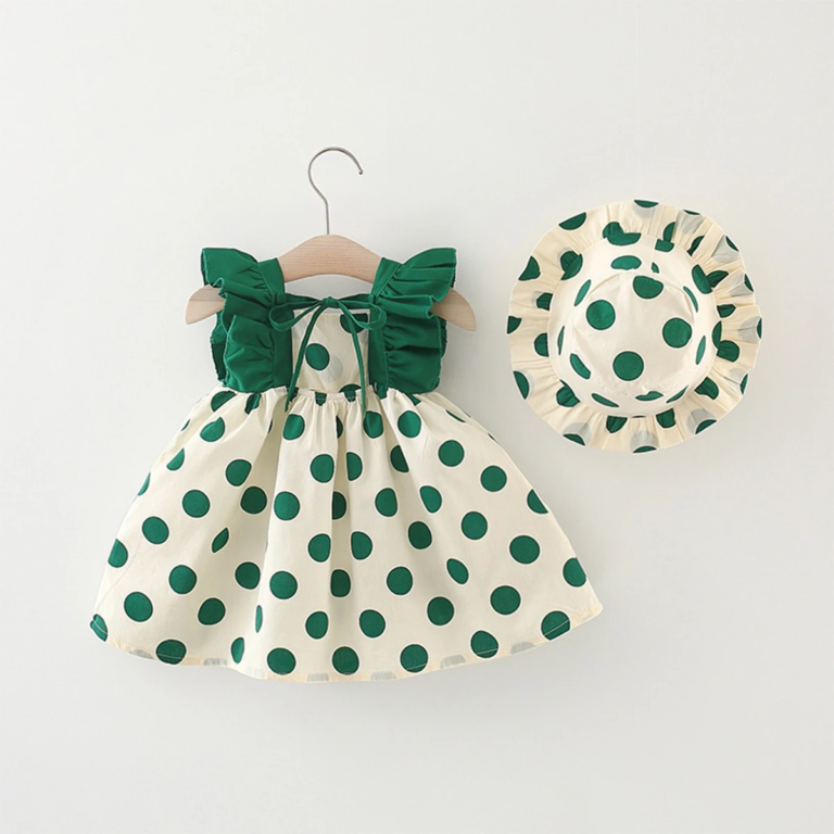 Baby Green Big Dots Frock With Hat