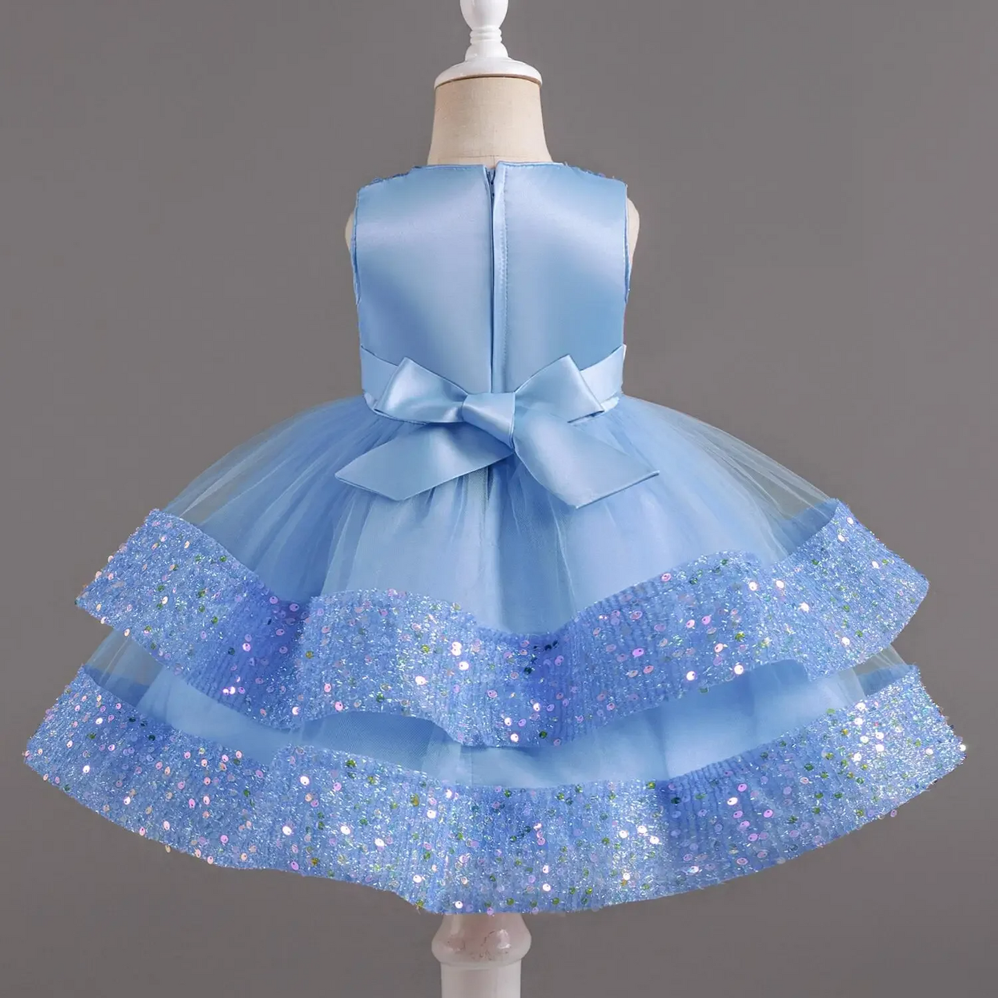 Baby Sky Blue Pearls Tie Sequin & Net Frock
