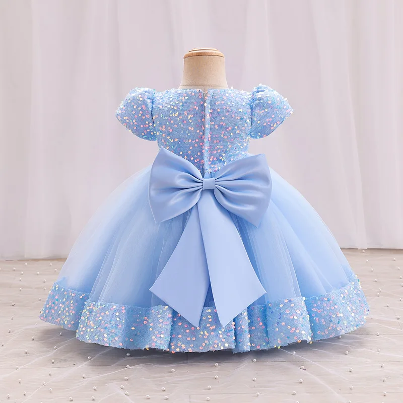 Baby Sky Blue Sequin Back Bow Frock