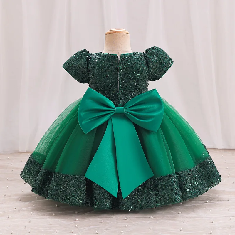 Baby Green Sequin Back Bow Frock