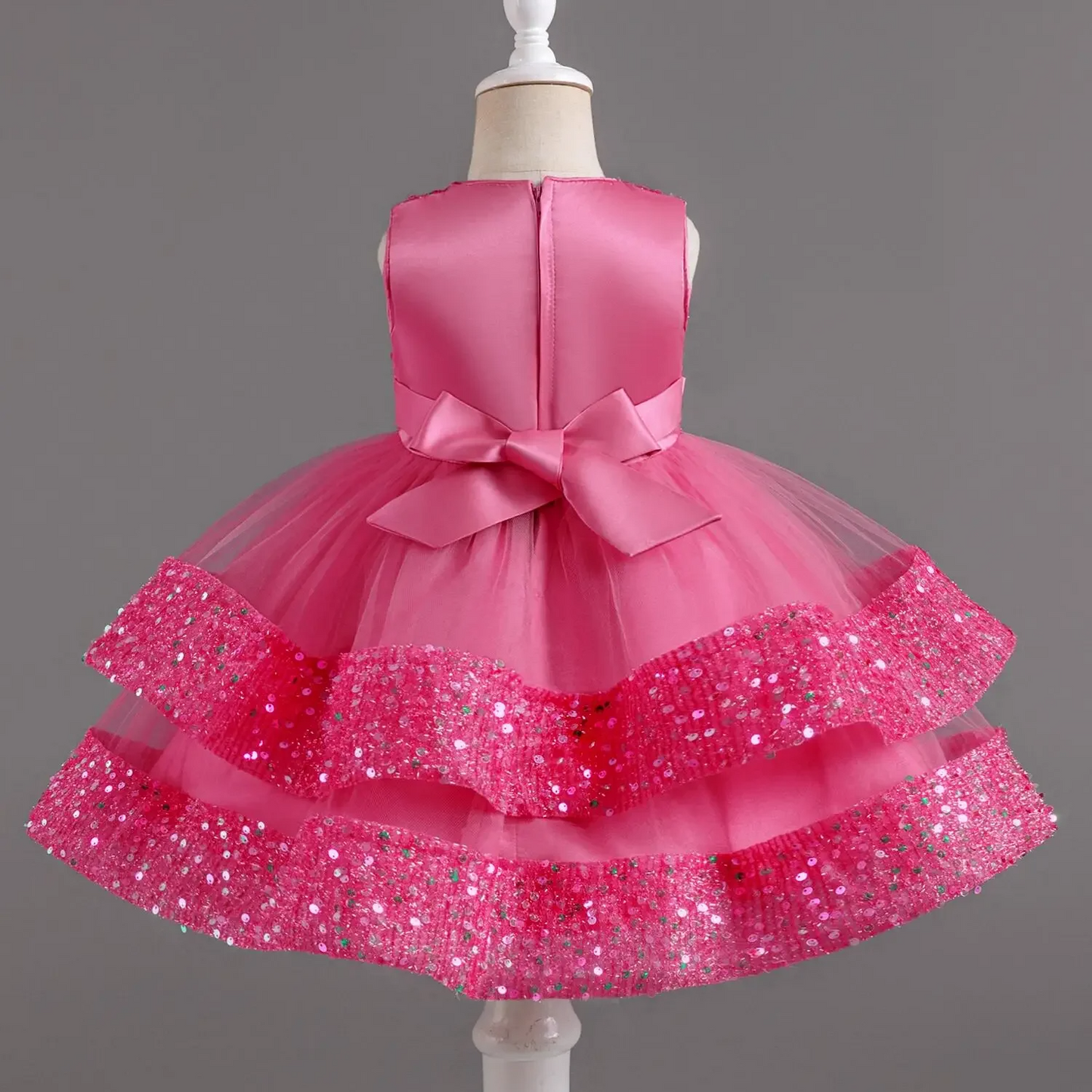 Baby Shocking Pink Pearls Tie Sequin & Net Frock