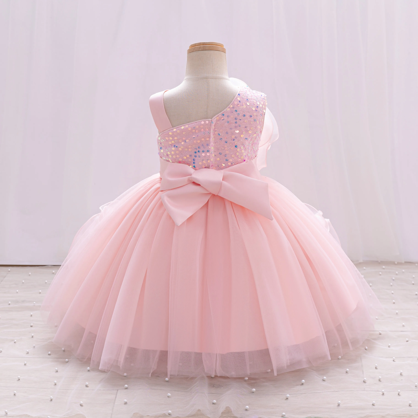 Baby Pink Flower Decor Sequin Frock