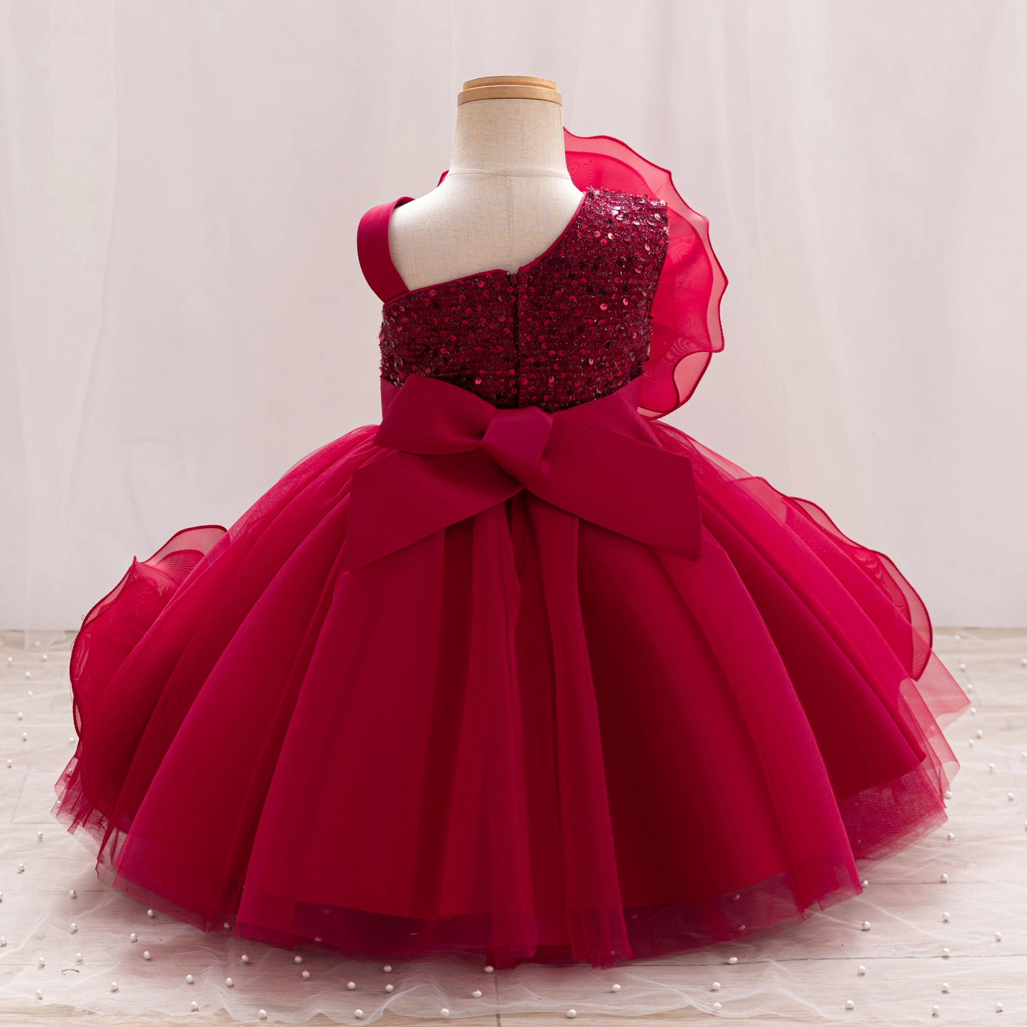 Baby Red Flower Decor Sequin Frock