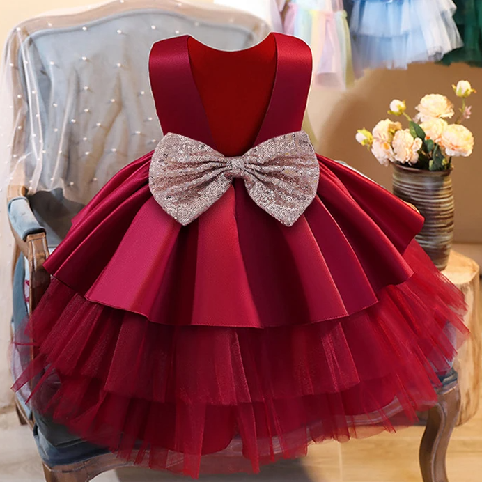 Baby Red Golden Bow Multi Layered Frock