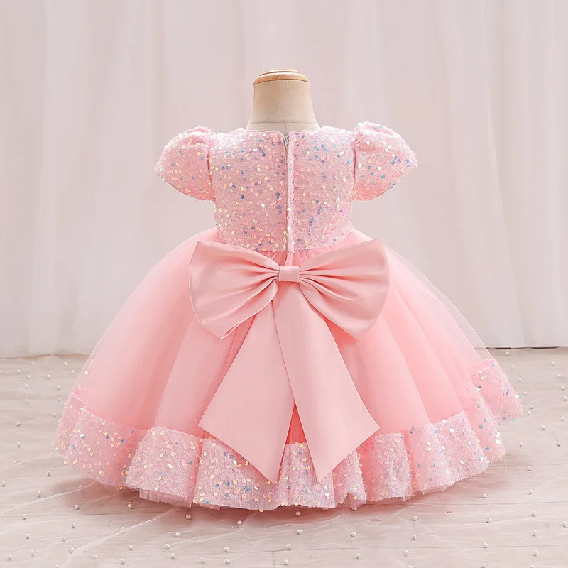 Baby Light Pink Sequin Back Bow Frock