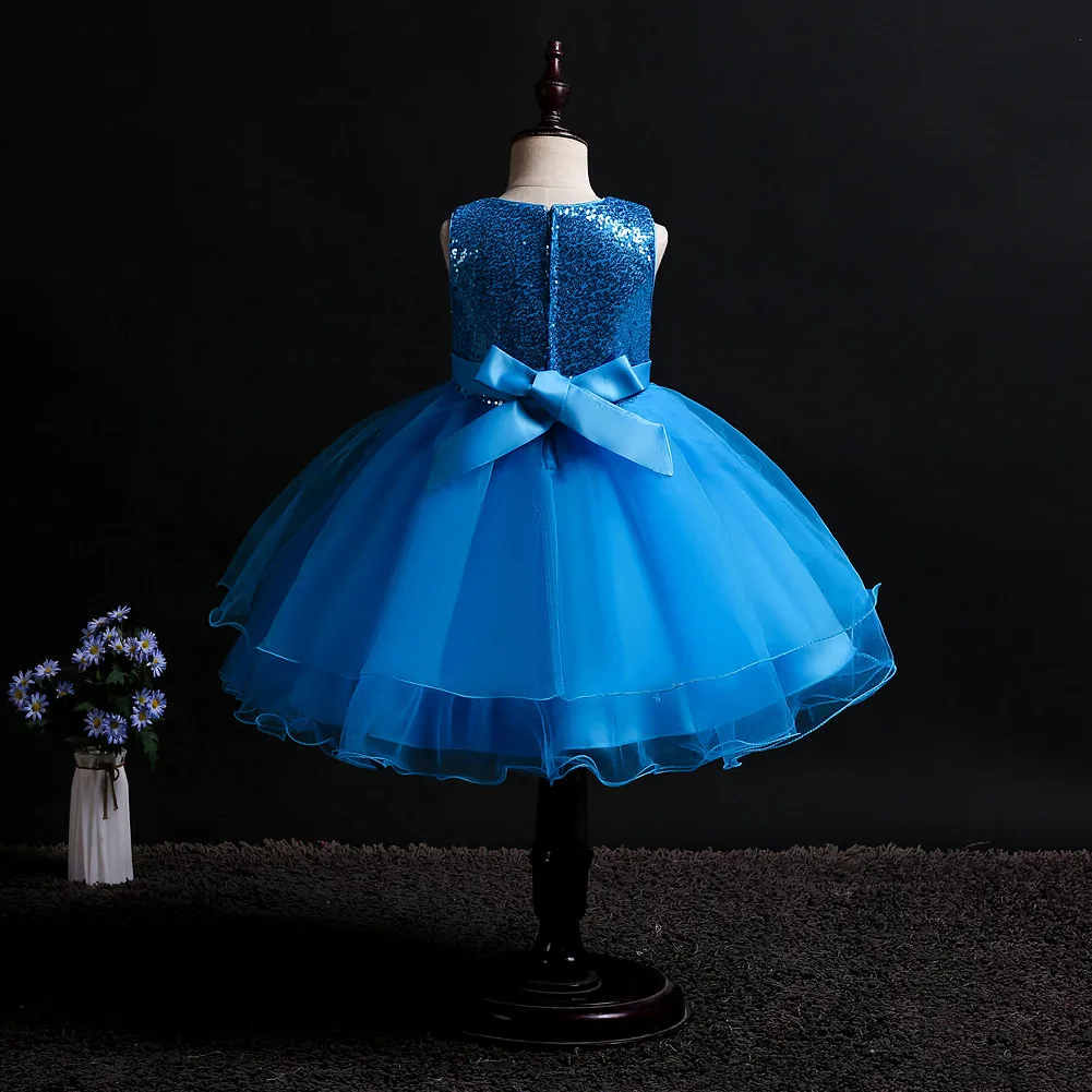 Baby Sky Blue Sequin Multi Layered Side Flower Frock