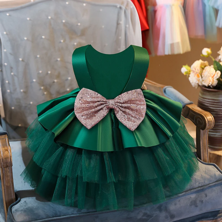 Baby Green Golden Bow Multi Layered Frock