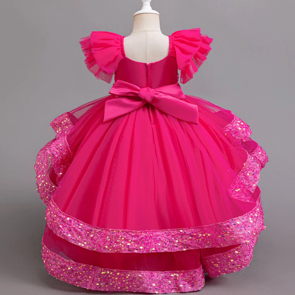 Baby Shocking Pink Sequin Multi Layered Princess Tail Frock