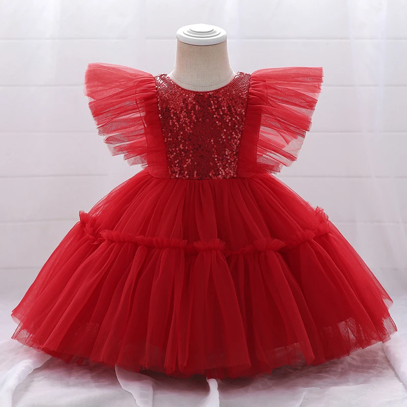 Baby Red Sequin & Net Side Frills Frock