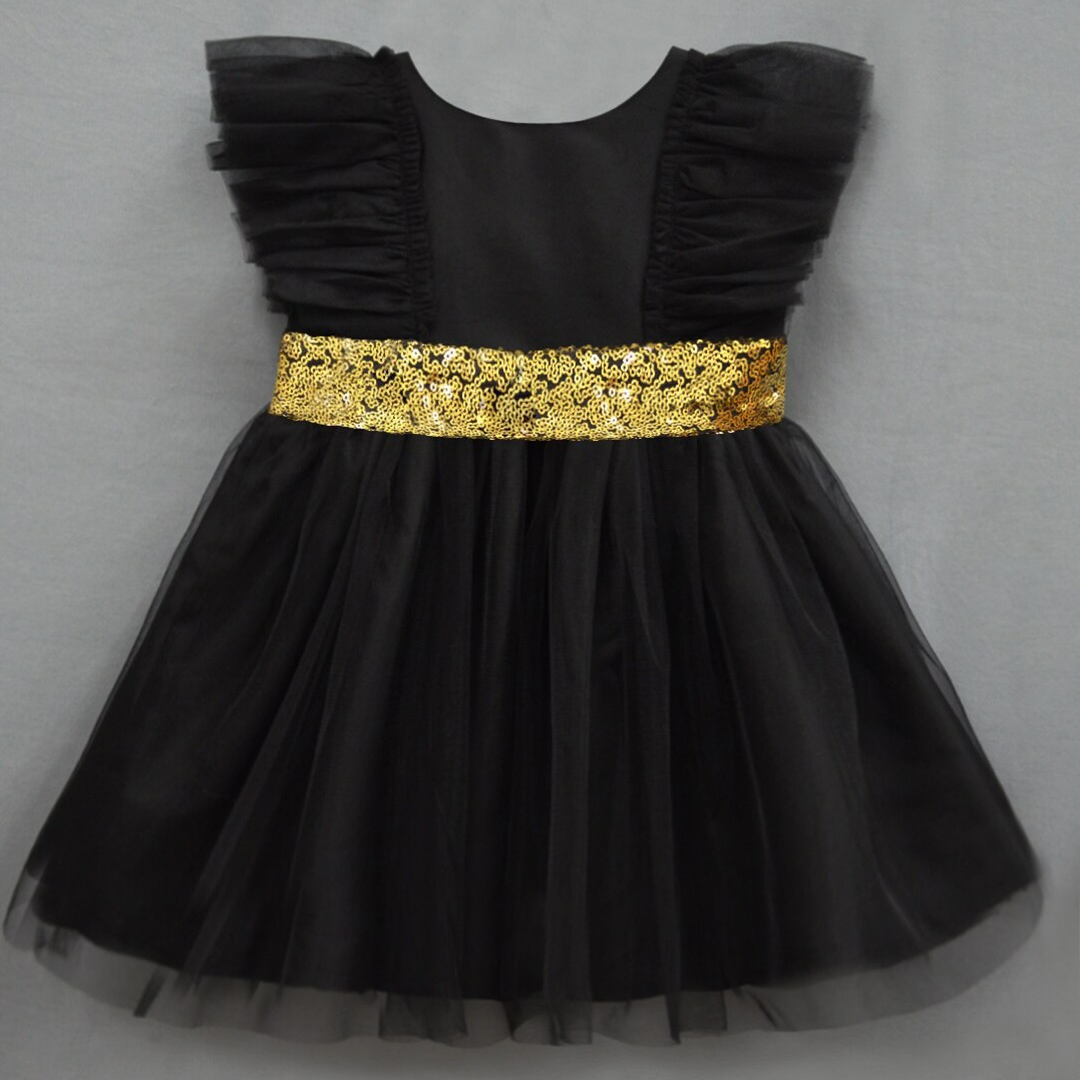 Baby Black Frock With Golden Sequin Bow