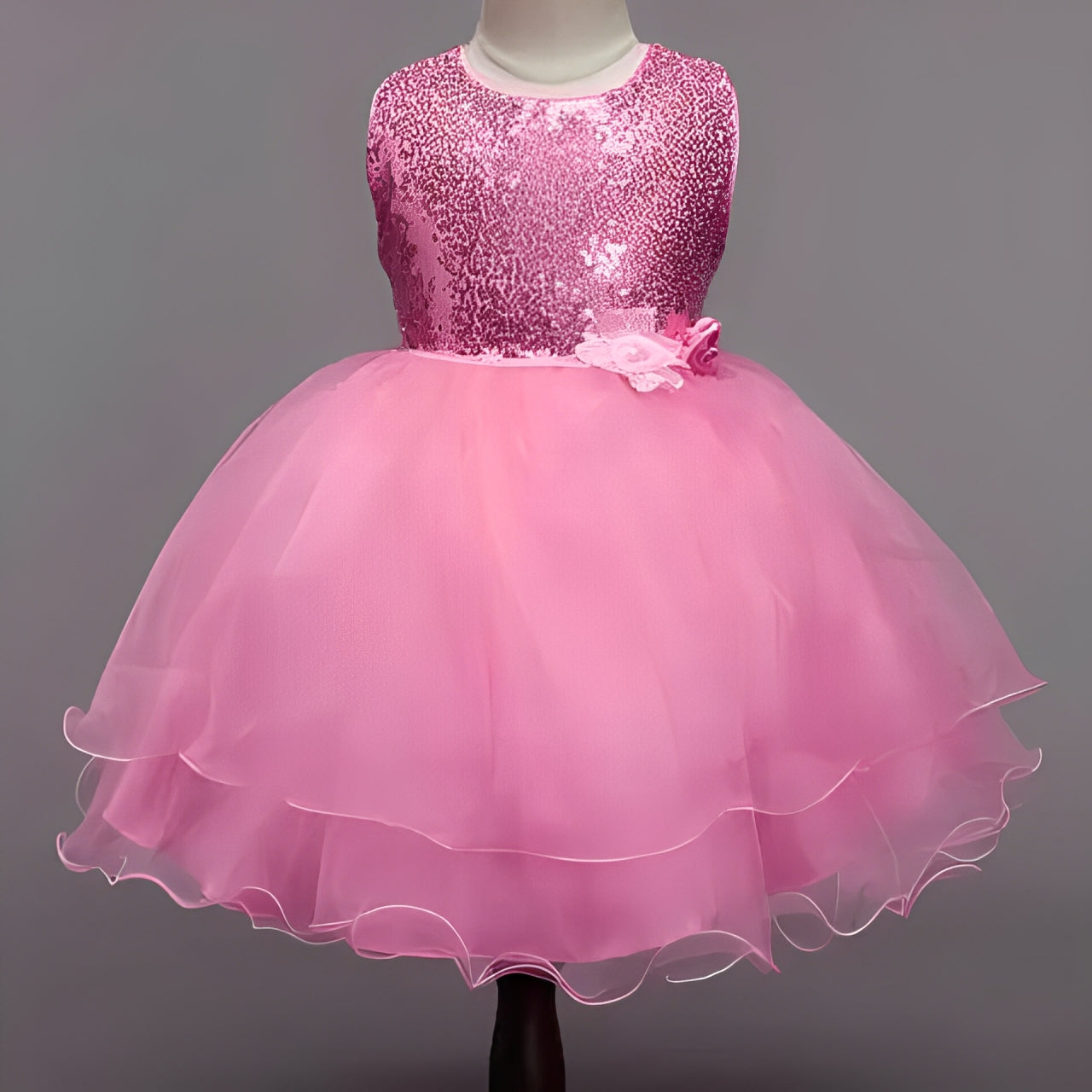 Baby Pink Sequin & Net Side Flower Frock