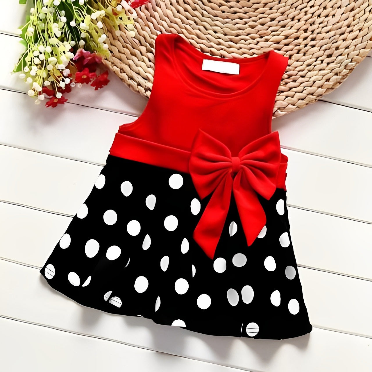 Baby Red & Black Dotted Side Bow Frock