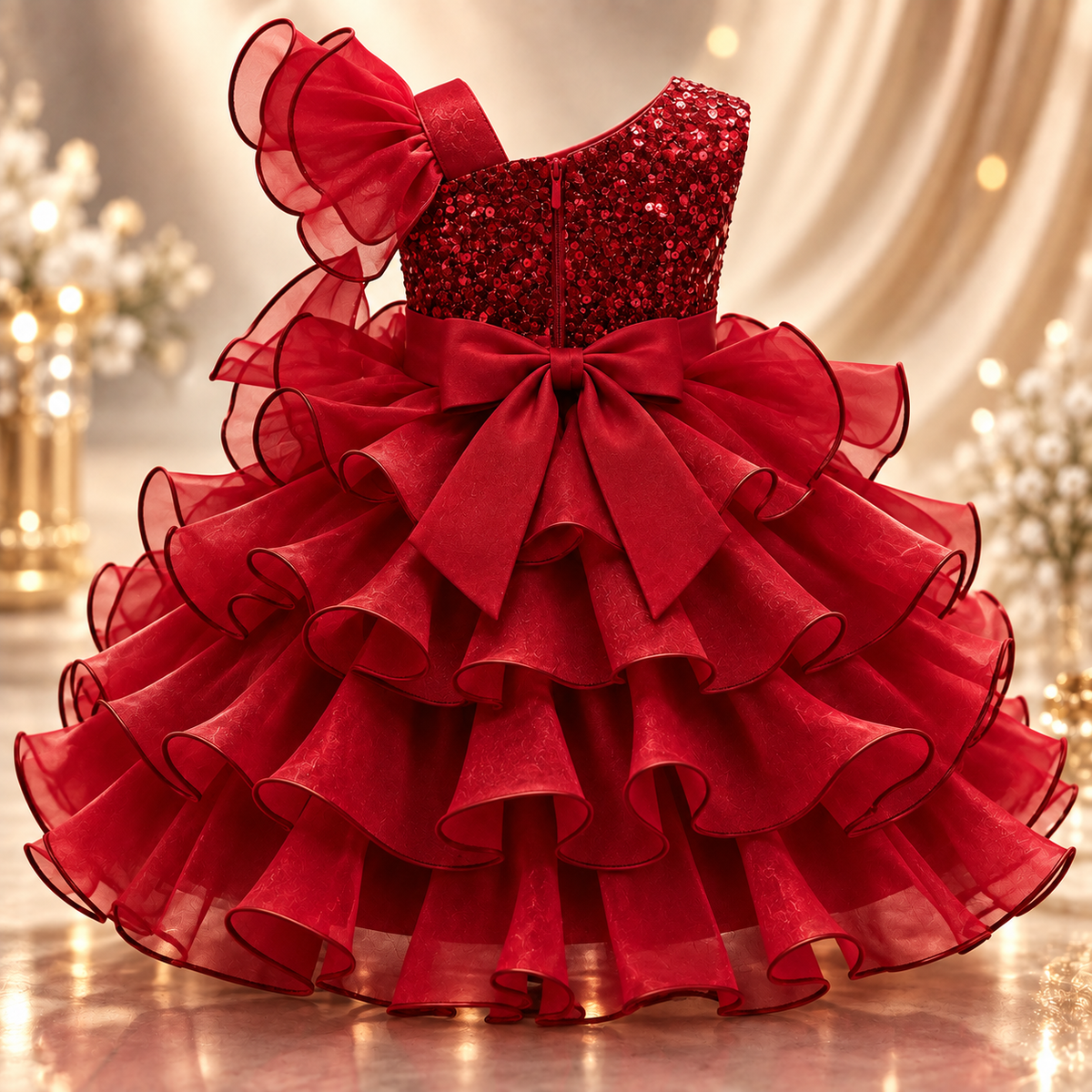 Baby Red Multi Layered One Shoulder Sequin Frock
