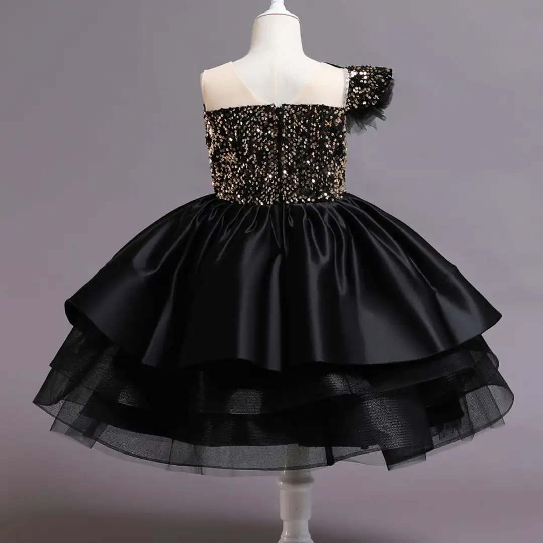 Baby Black One Shoulder Sequin Frock