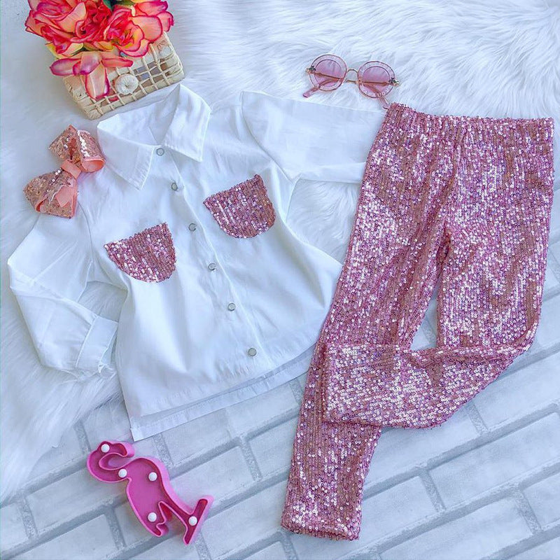 White Shirt With Pink Sequin Pants