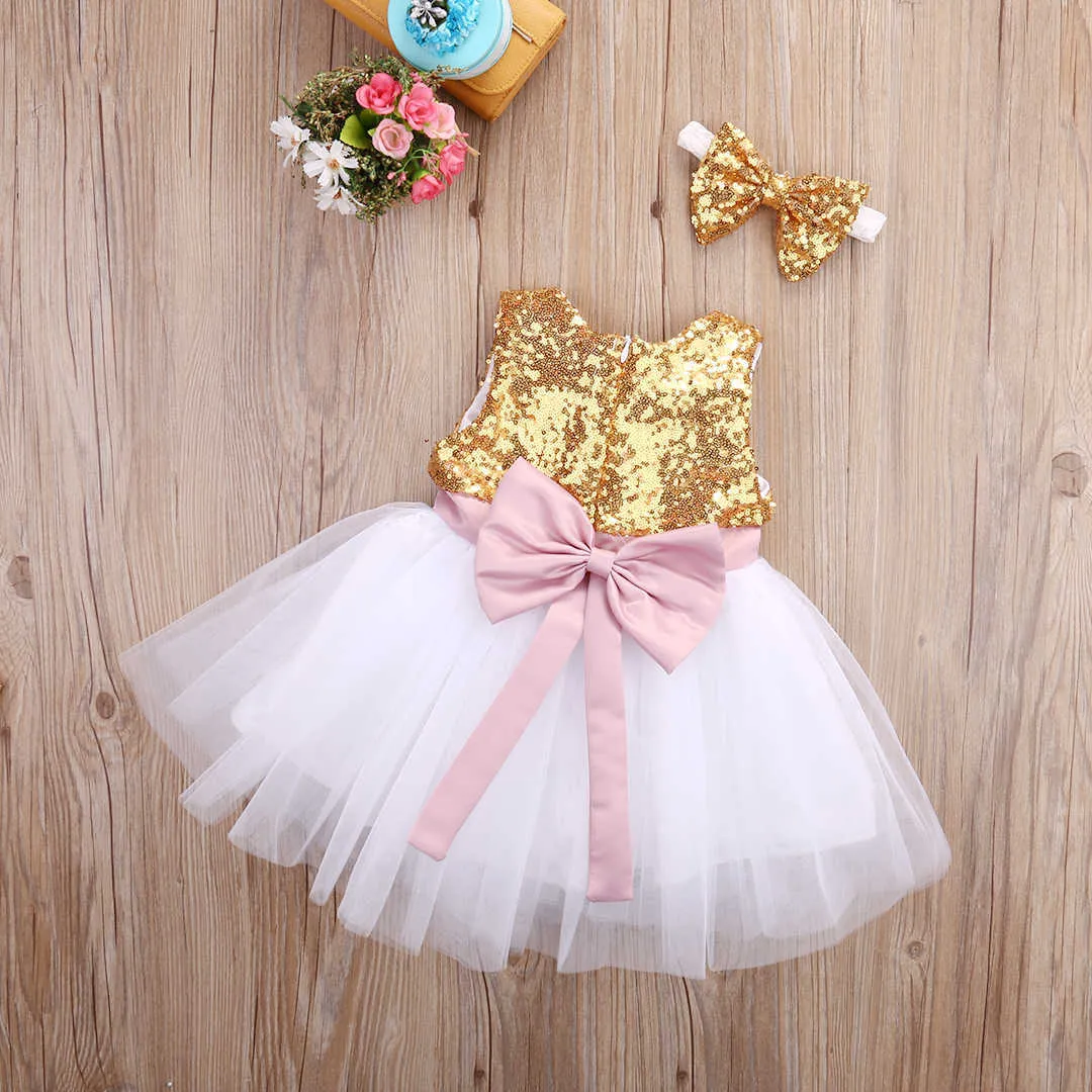 Baby Golden & White Frock With Hairband