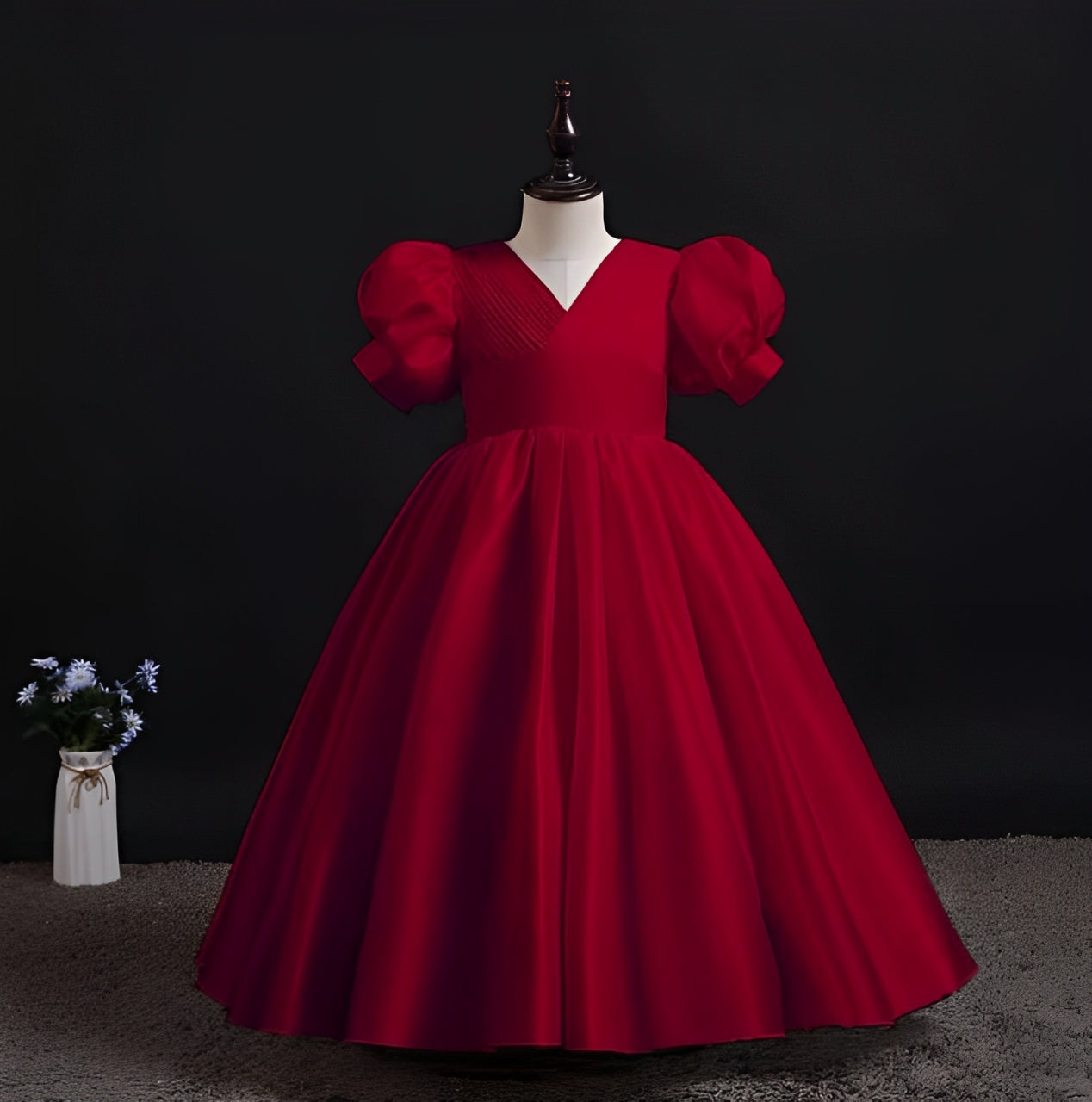 Baby Red V-Neck Puffy Sleeves Maxi