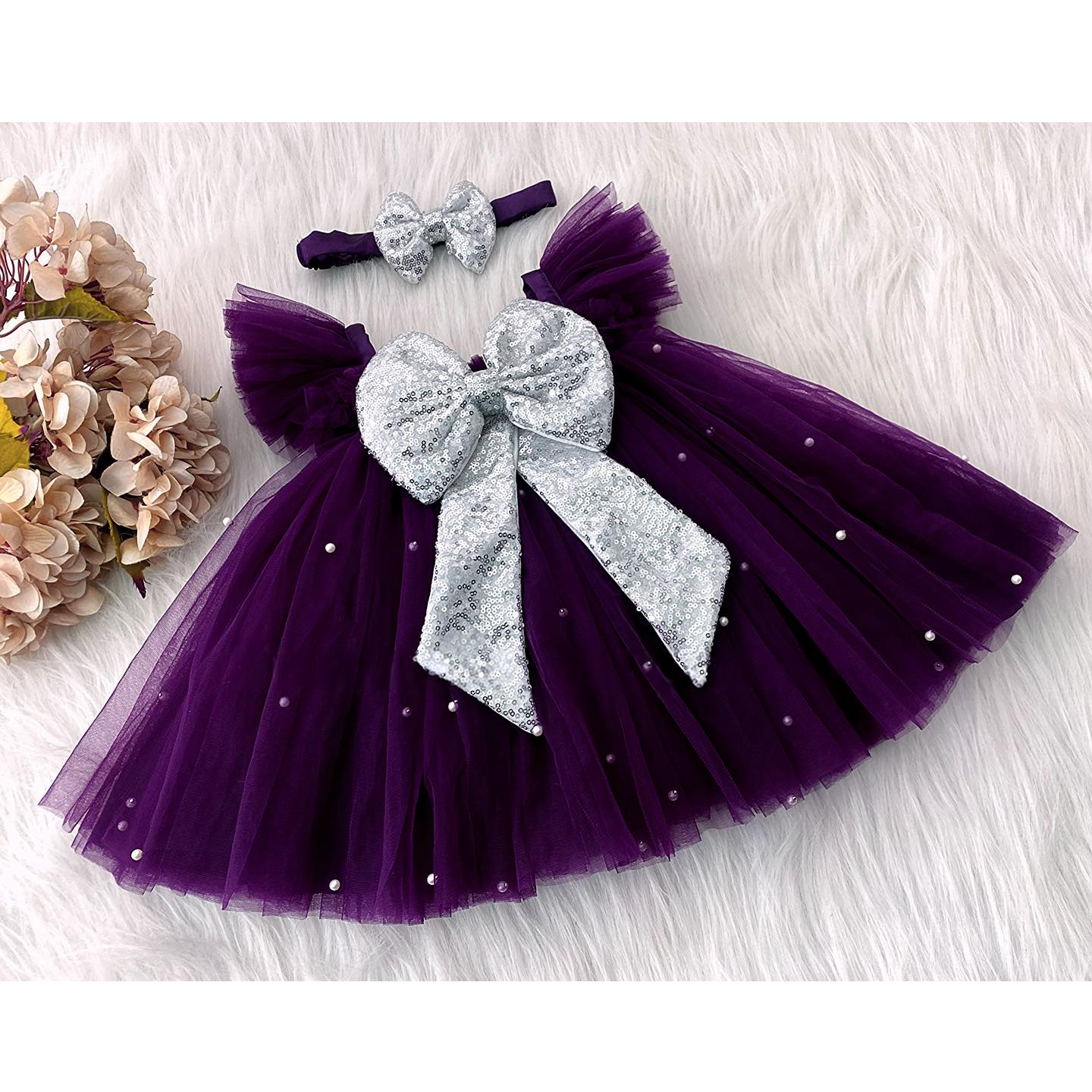 Baby Magenta Net Silver Sequin Bow Frock With Hairband