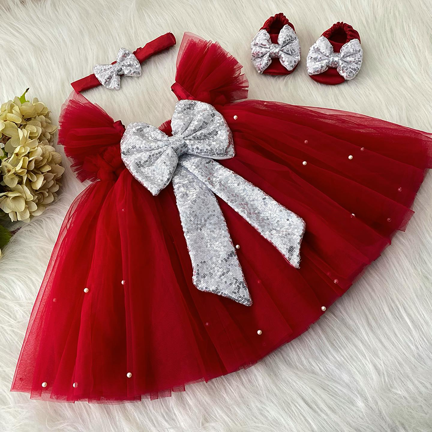Baby Red Net Silver Sequin Bow Frock With Hairband