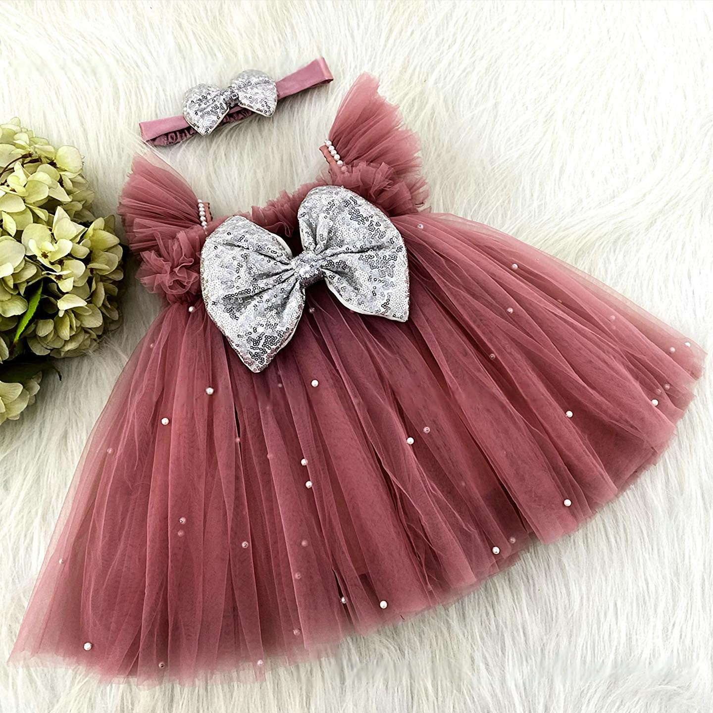 Baby Brown Net Silver Sequin Bow Frock With Hairband
