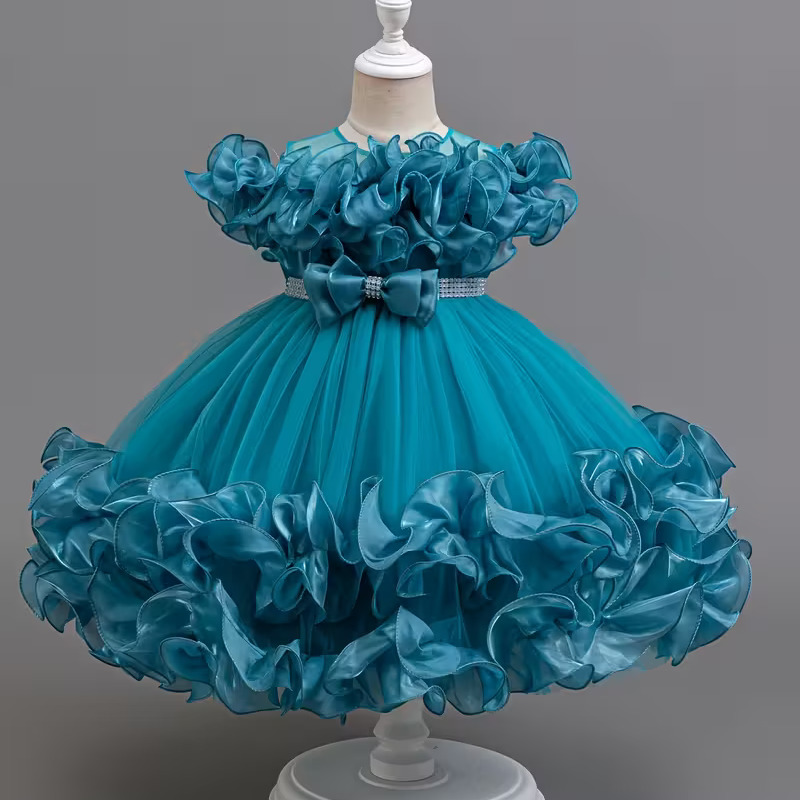 Baby Sea Blue Elegant Floral Beaded Frock