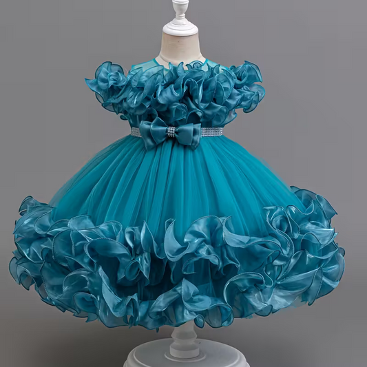 Baby Sea Blue Elegant Floral Beaded Frock