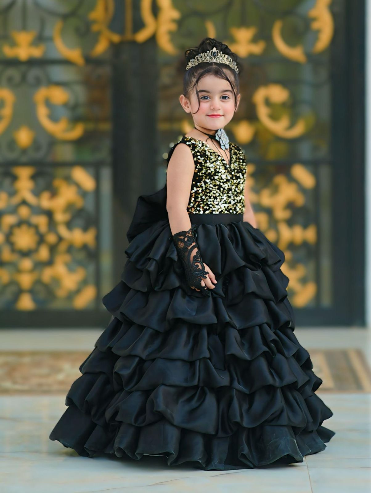 Baby Gold & Black Sequin Frill Maxi