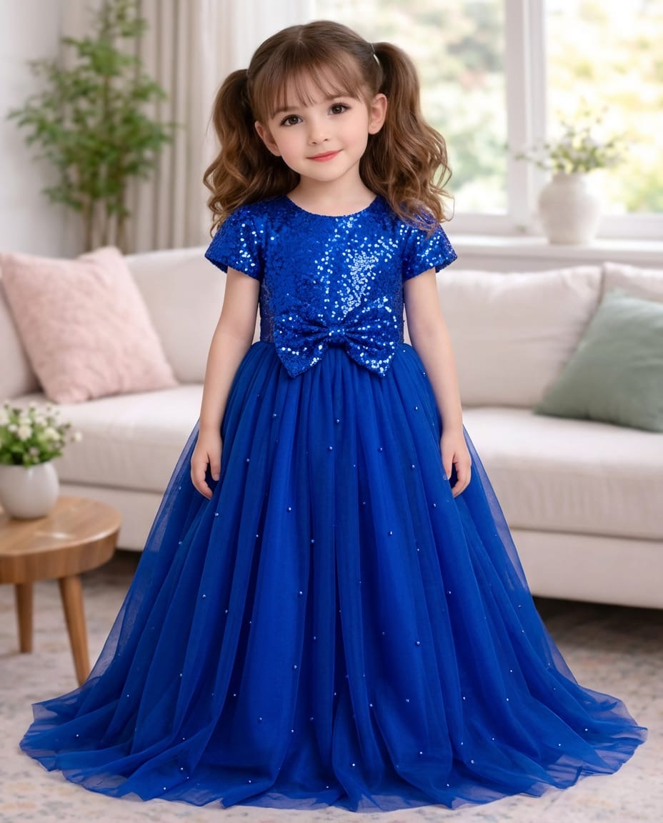 Baby Royal blue Sequin Net Fluffy Bow Maxi