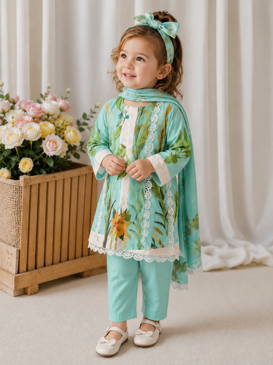 Baby Iceblue Printed Dress With Headband