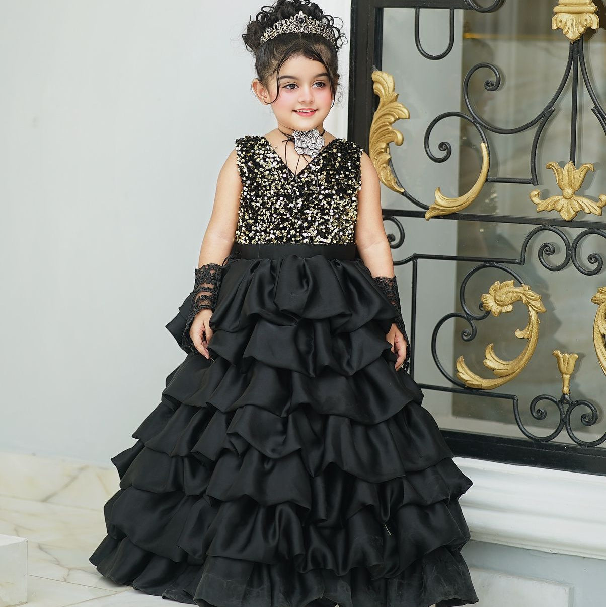 Baby Gold & Black Sequin Frill Maxi