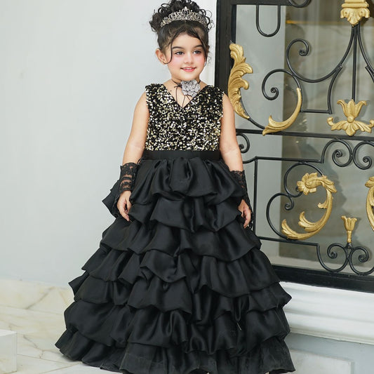 Baby Gold & Black Sequin Frill Maxi
