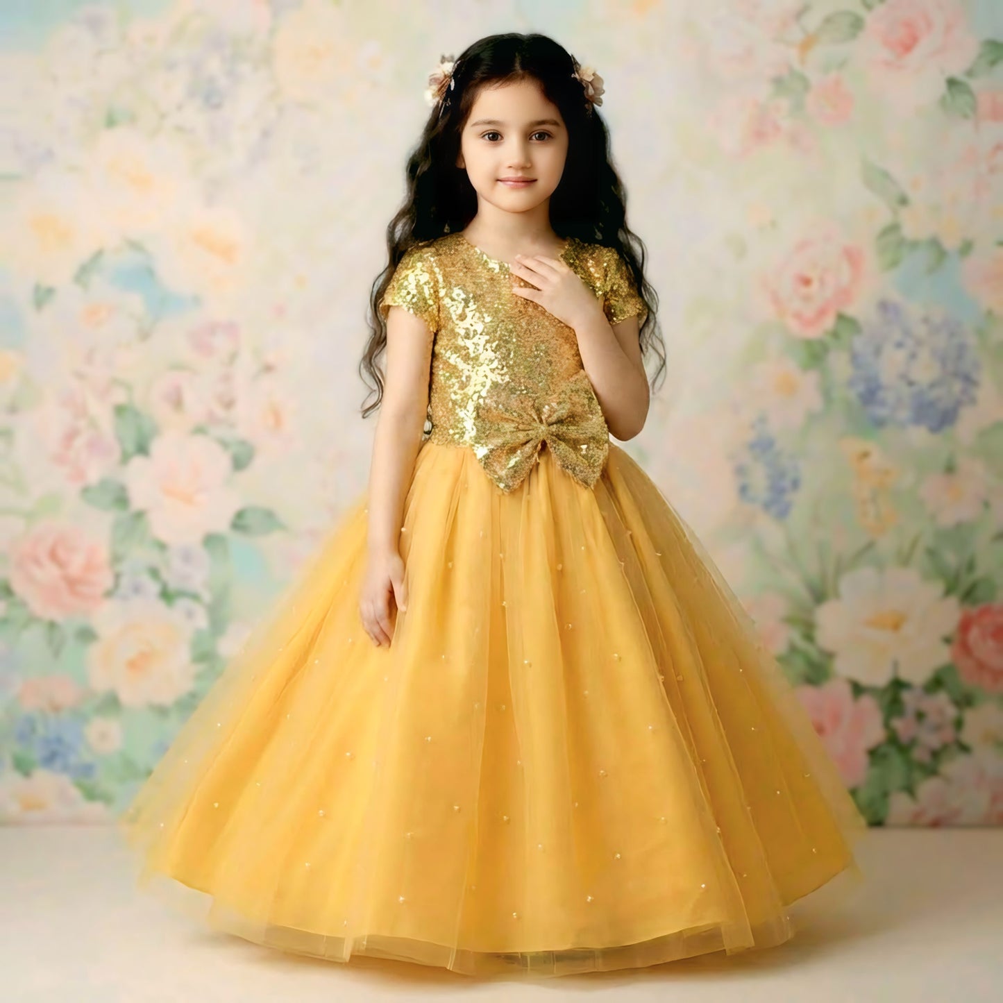 Mustard Baby Sequin & Moti Net Maxi