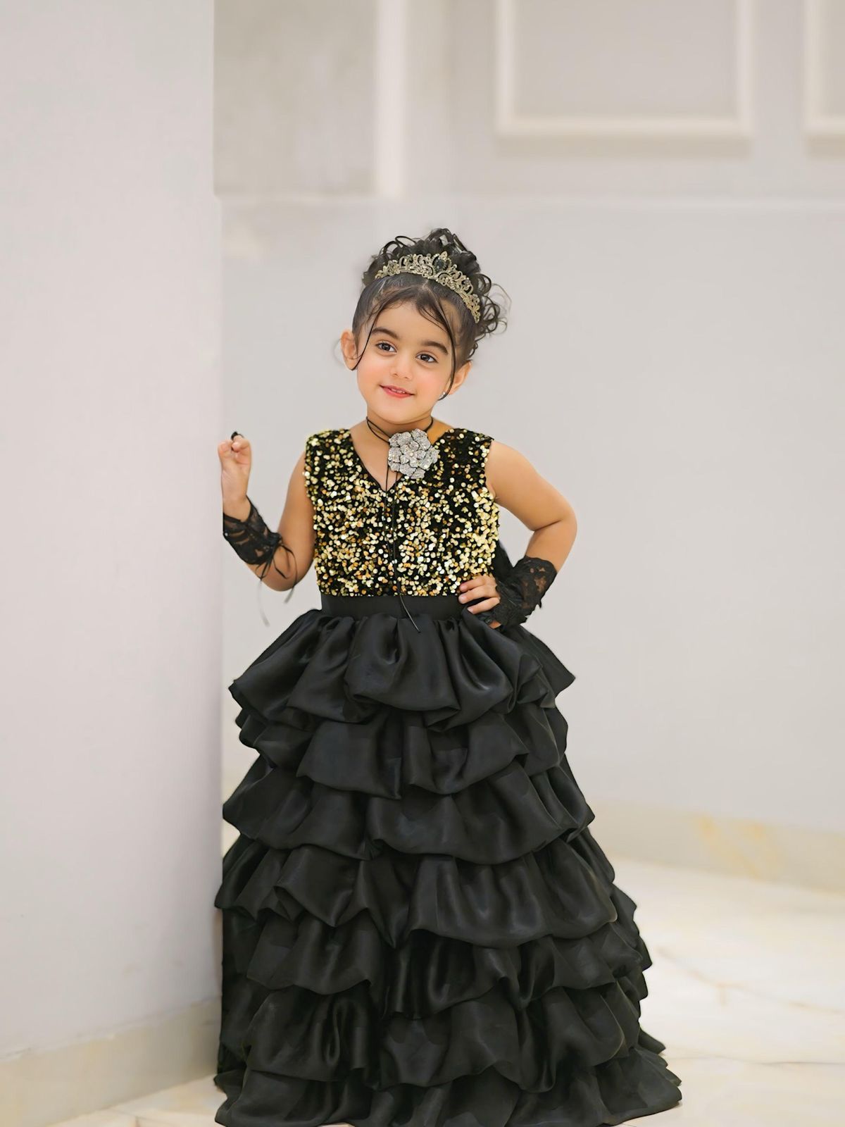 Baby Gold & Black Sequin Frill Maxi