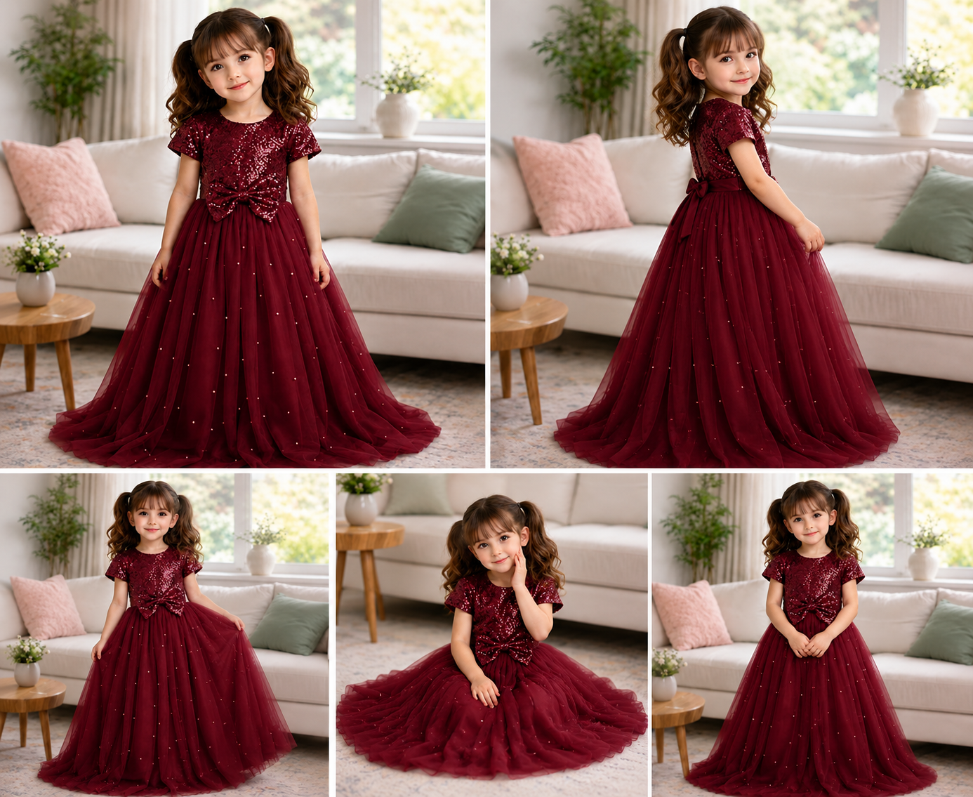 Baby Maroon Sequin Net Fluffy Bow Maxi