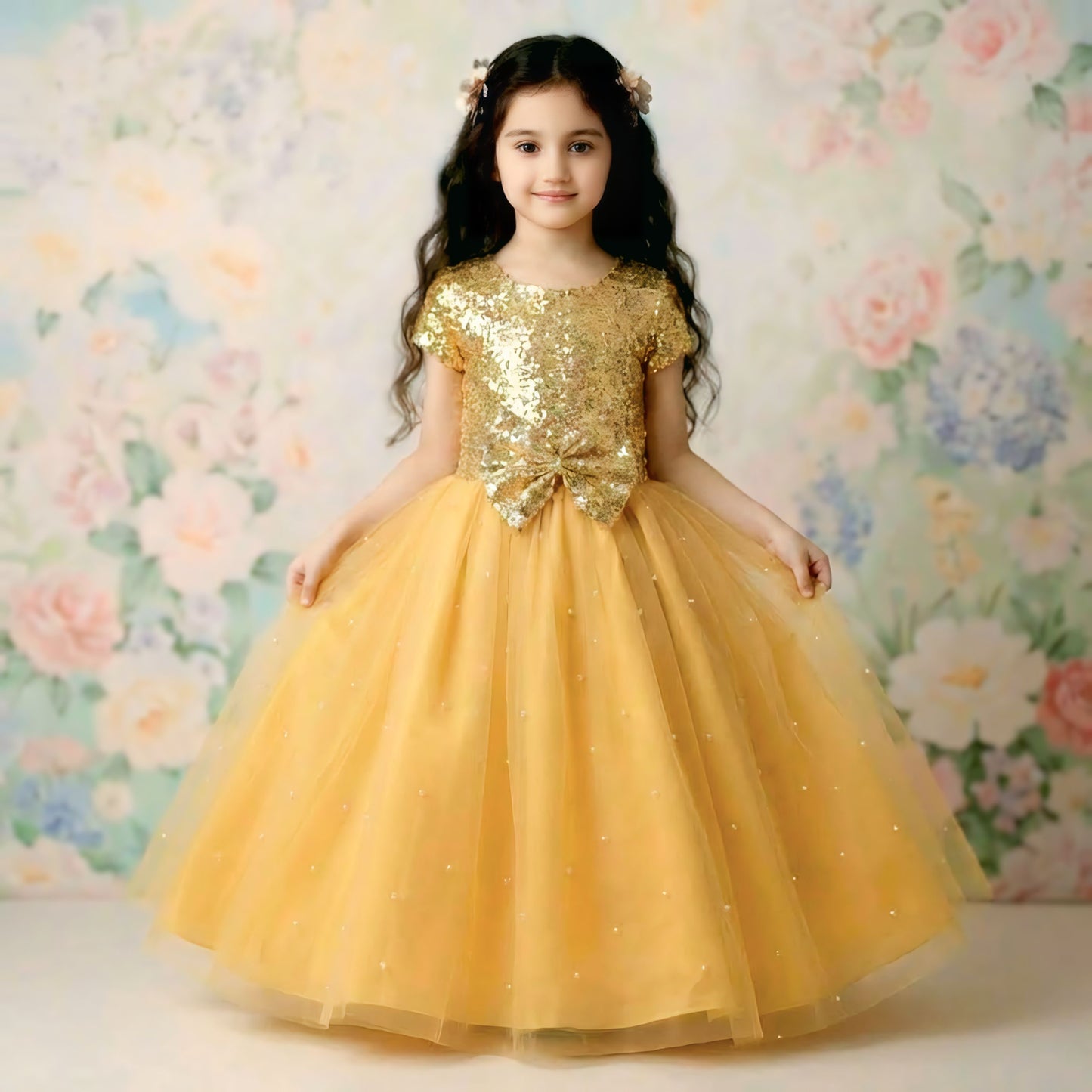 Mustard Baby Sequin & Moti Net Maxi