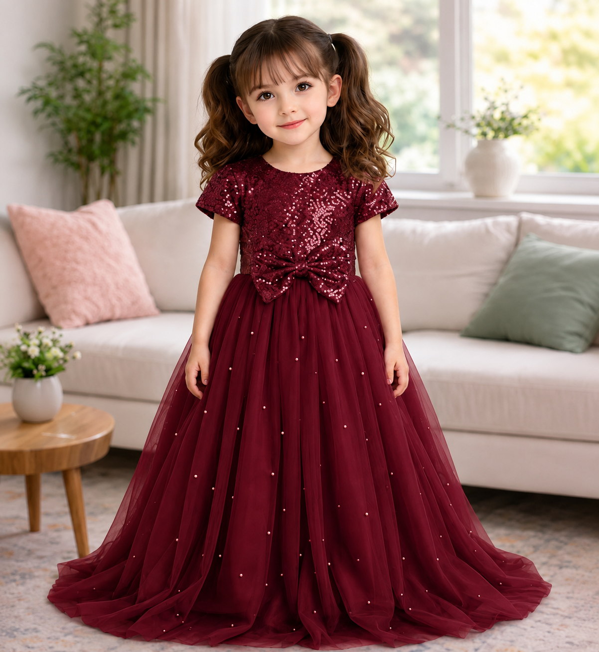 Baby Maroon Sequin Net Fluffy Bow Maxi