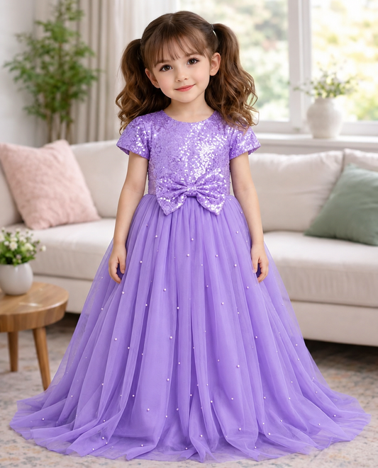 Baby Purple Sequin Net Fluffy Bow Maxi