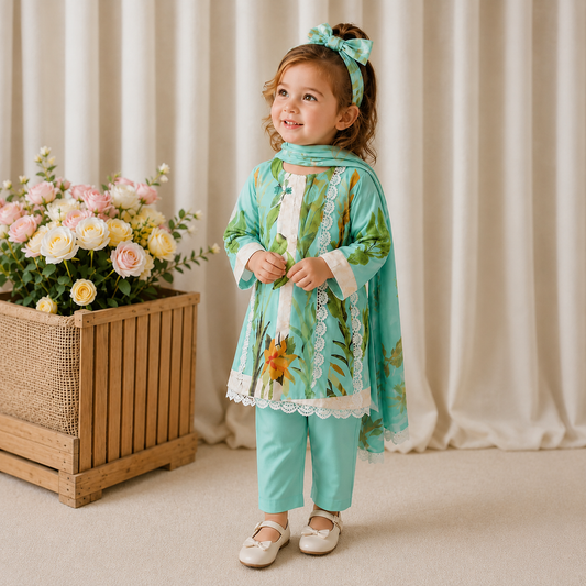 Baby Ice Blue Printed Dress With Headband