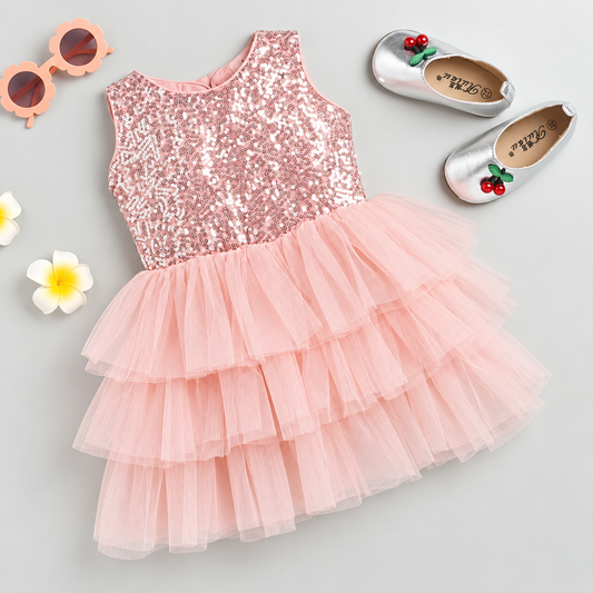 Baby Light Pink Sequin Multi Layered Frock