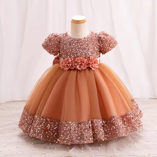 Baby Brown Sequin Back Bow Frock