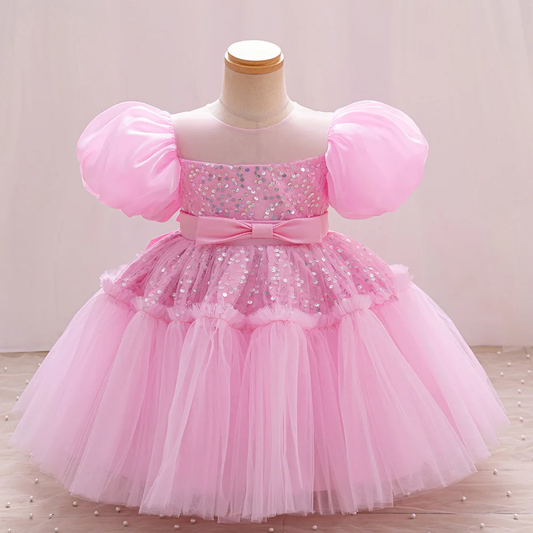 Baby Pink Sequin & Net Bubble Sleeves Frock