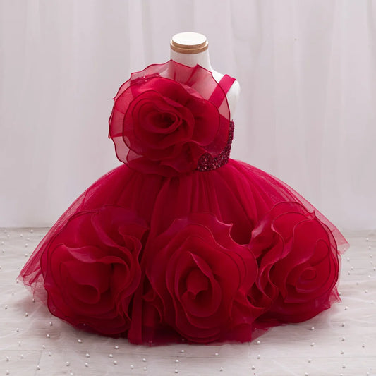 Baby Red Flower Decor Sequin Frock